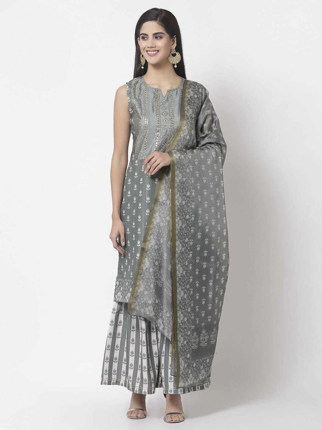 Myshka Women Grey Cotton Blend Printed Sleeveless Round Neck Kurta With Sharara & Dupatta Set | Swadesiicart