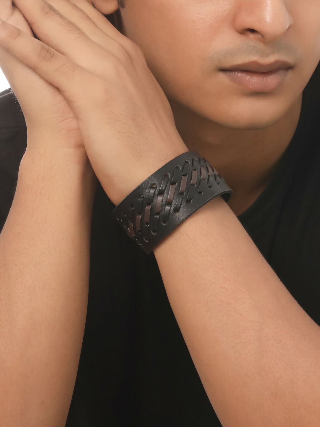 NVR Men's Set of 2 Black Leather Bracelet - Swadesiicart