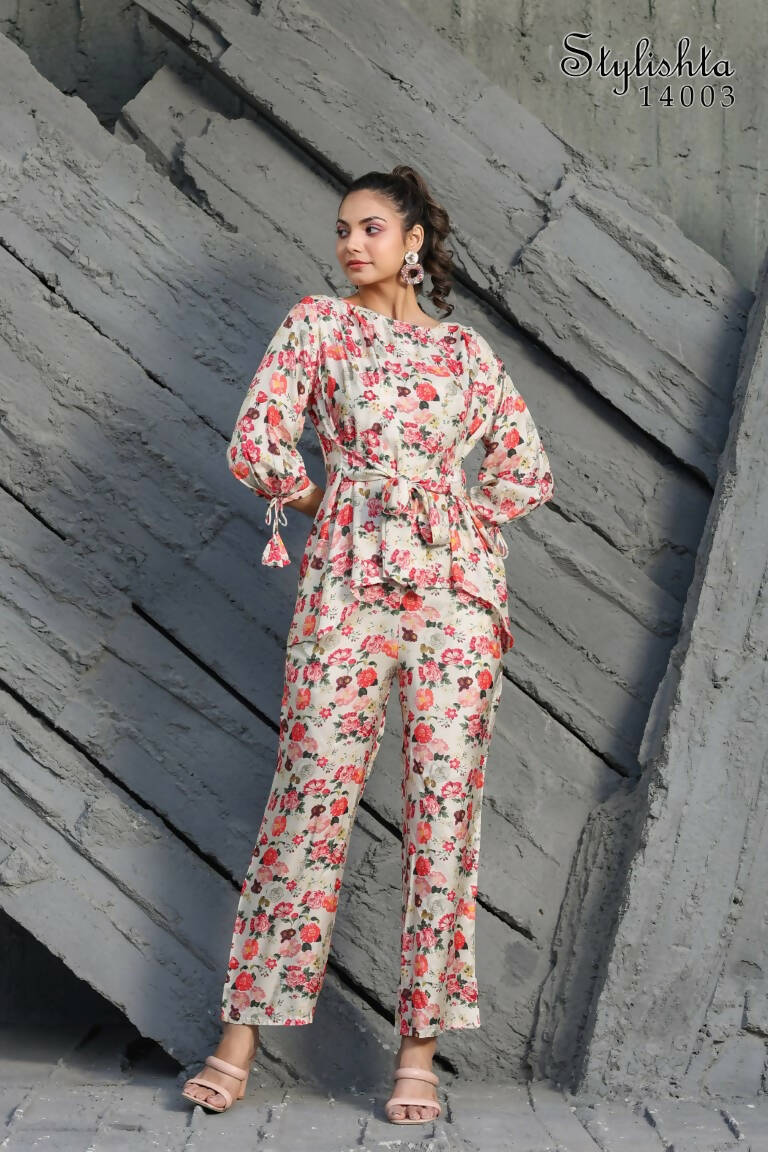 Women's Partywear Designer White & Multi Muslin co-ord set - Stylishta - Swadesiicart