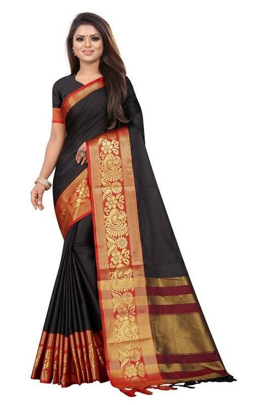 Vamika Banarasi Cotton Silk Weaving Black Saree (DOCTOR MOR BLACK) | Swadesiicart