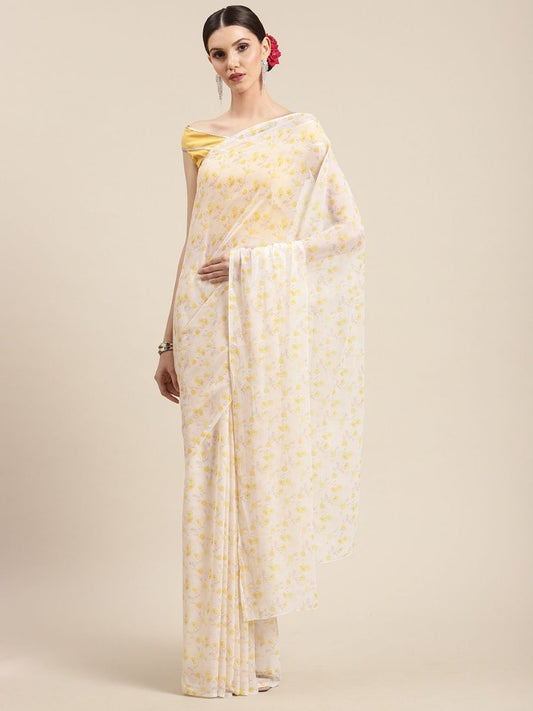 Ahalyaa Yellow Chiffon Digital Print Floral Saree | Swadesiicart