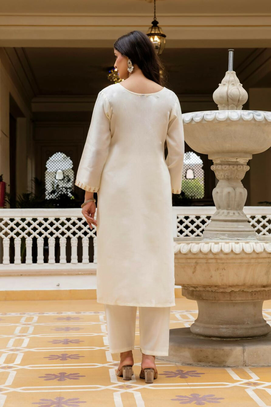 The52 White Women's Beautiful Viscose Chanderi Fabric Embroidered Work Straight Kurta Pant and Dupatta Set - Swadesiicart