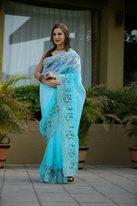 Vamsee Sanyogita Sanyogita - Sky Organza Saree - Swadesiicart