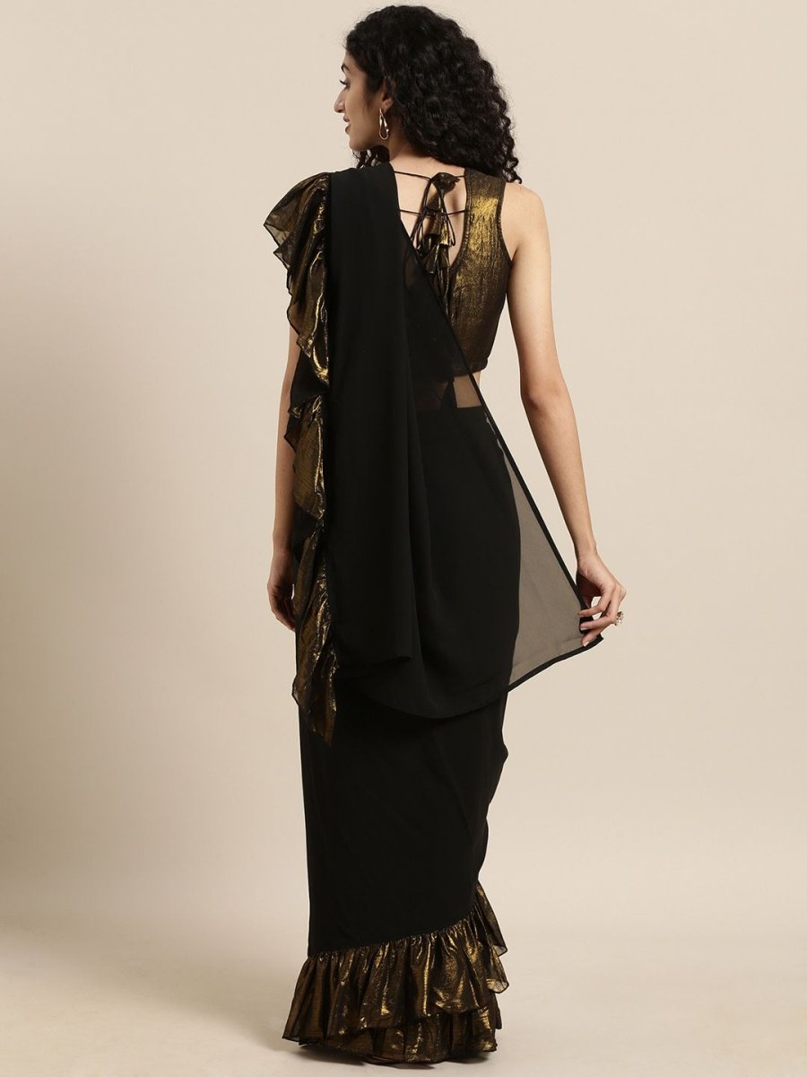 Ahalyaa Women's Black Georgette Ruffles Ready to Wear Saree | Swadesiicart