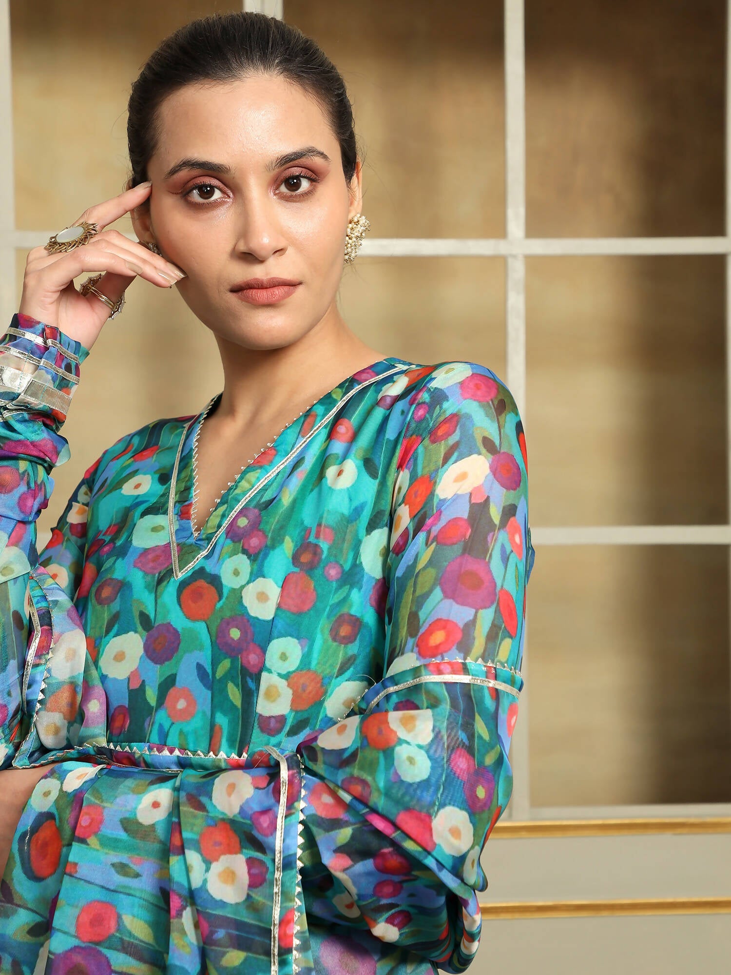 Pomcha Jaipur Blue Saadgi Phulwari Anarkali Set | Swadesiicart