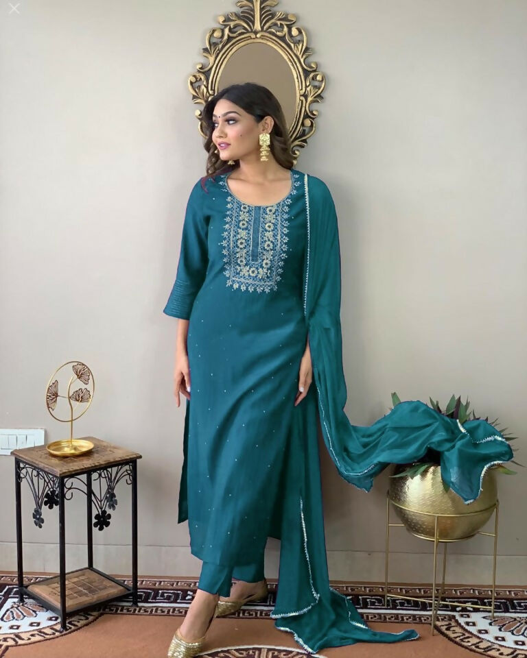 Partywear Designer Firozy Rayon Slub Stitched Suit With Dupatta - Tanisha | Swadesiicart