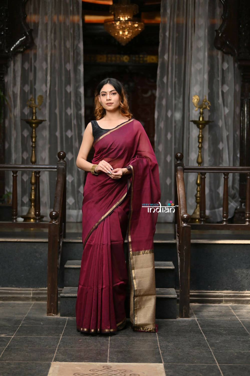 Very Much Indian VMI Exclusive Designer! Handloom Cotton Silk Saree With Sleek Golden Border - Maroon Shade | Swadesiicart
