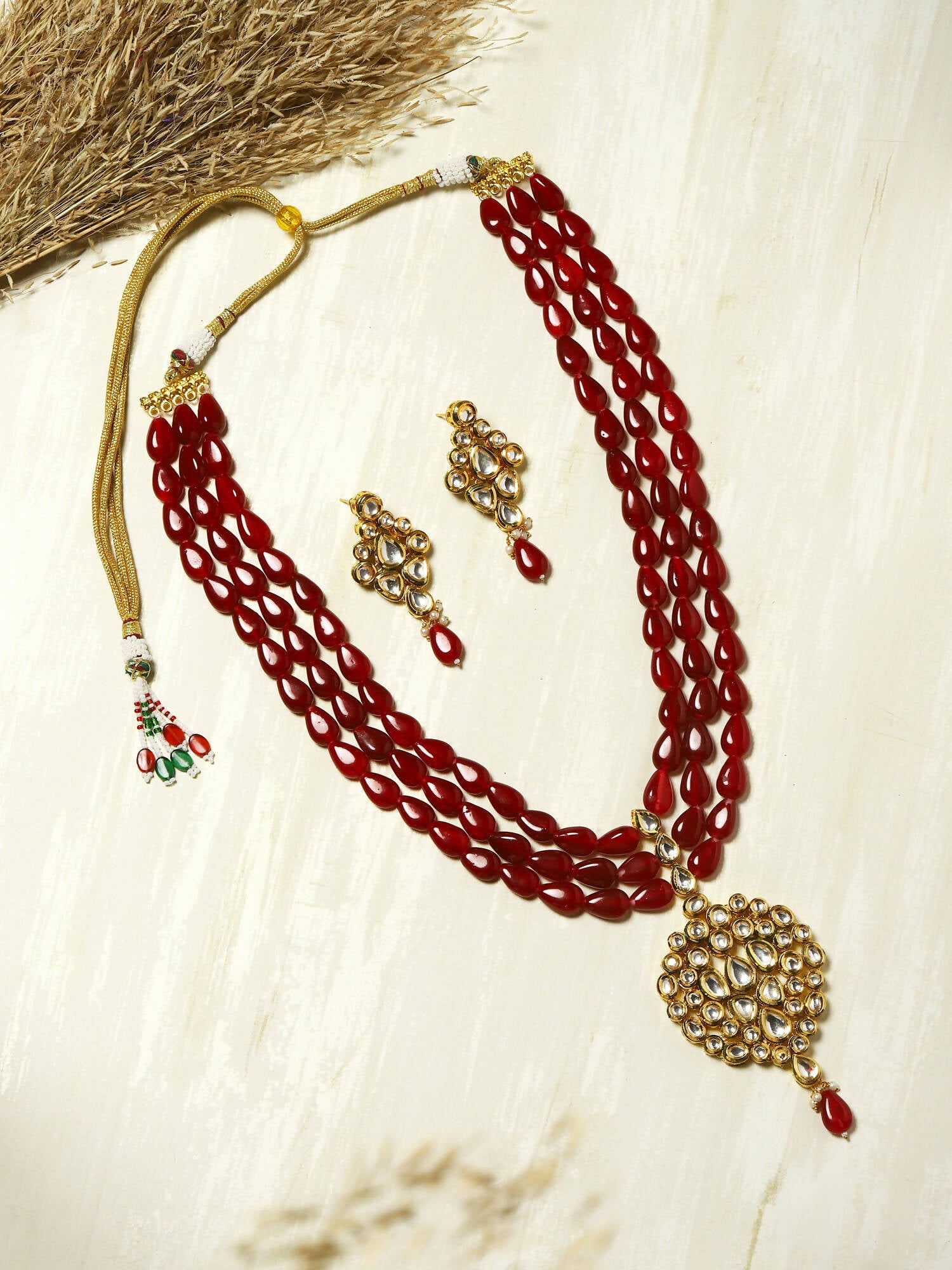Gold-Polished White Maroon Kundan Studded Beaded Handcrafted Jewellery Set - Ruby Raang - Swadesiicart