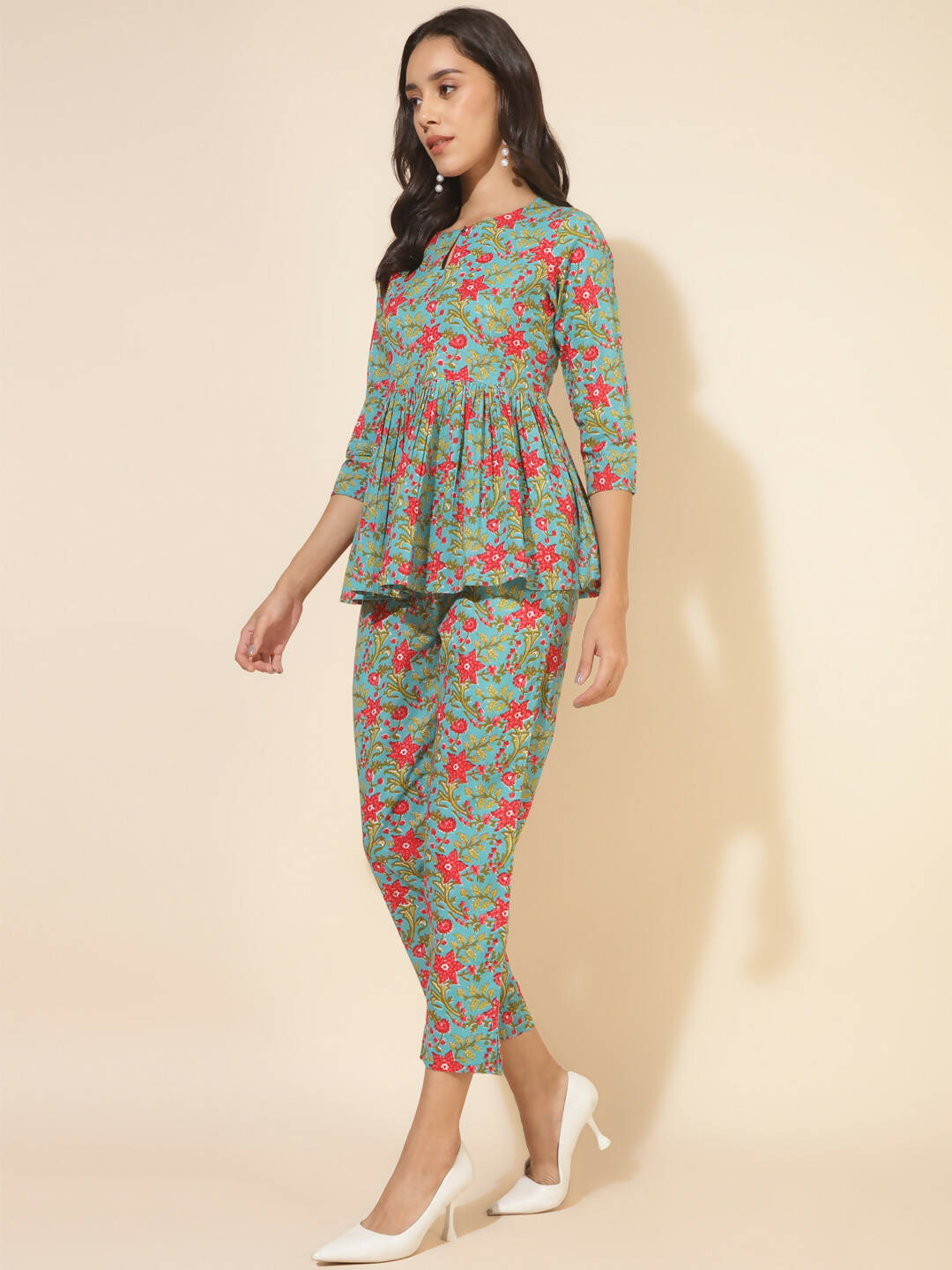 Janasya Women's Blue Cotton Printed Casual Peplum Co-ords - Swadesiicart