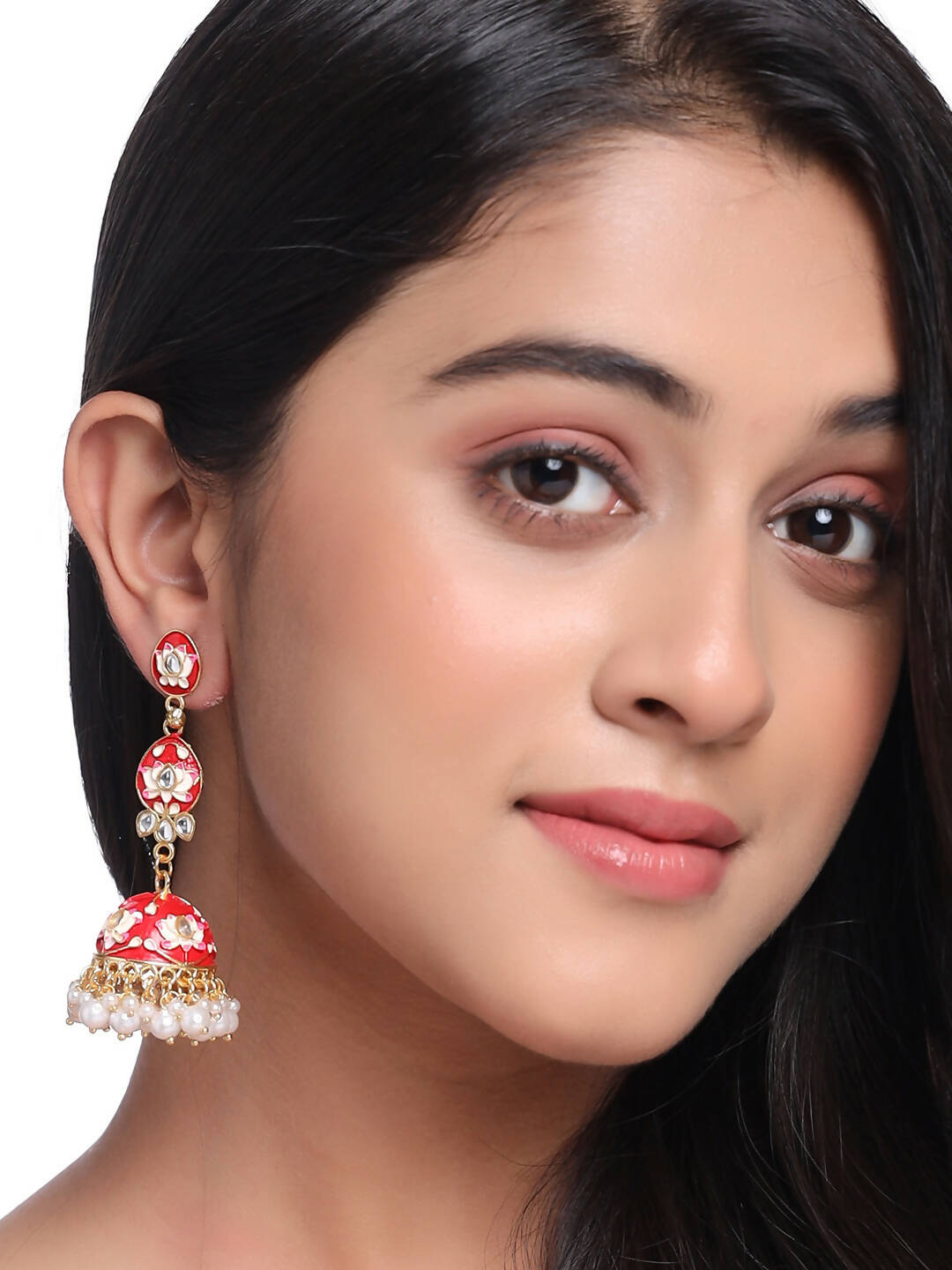 NVR Women Gold-Polished Red Kundan Jhumkas Earrings | Swadesiicart