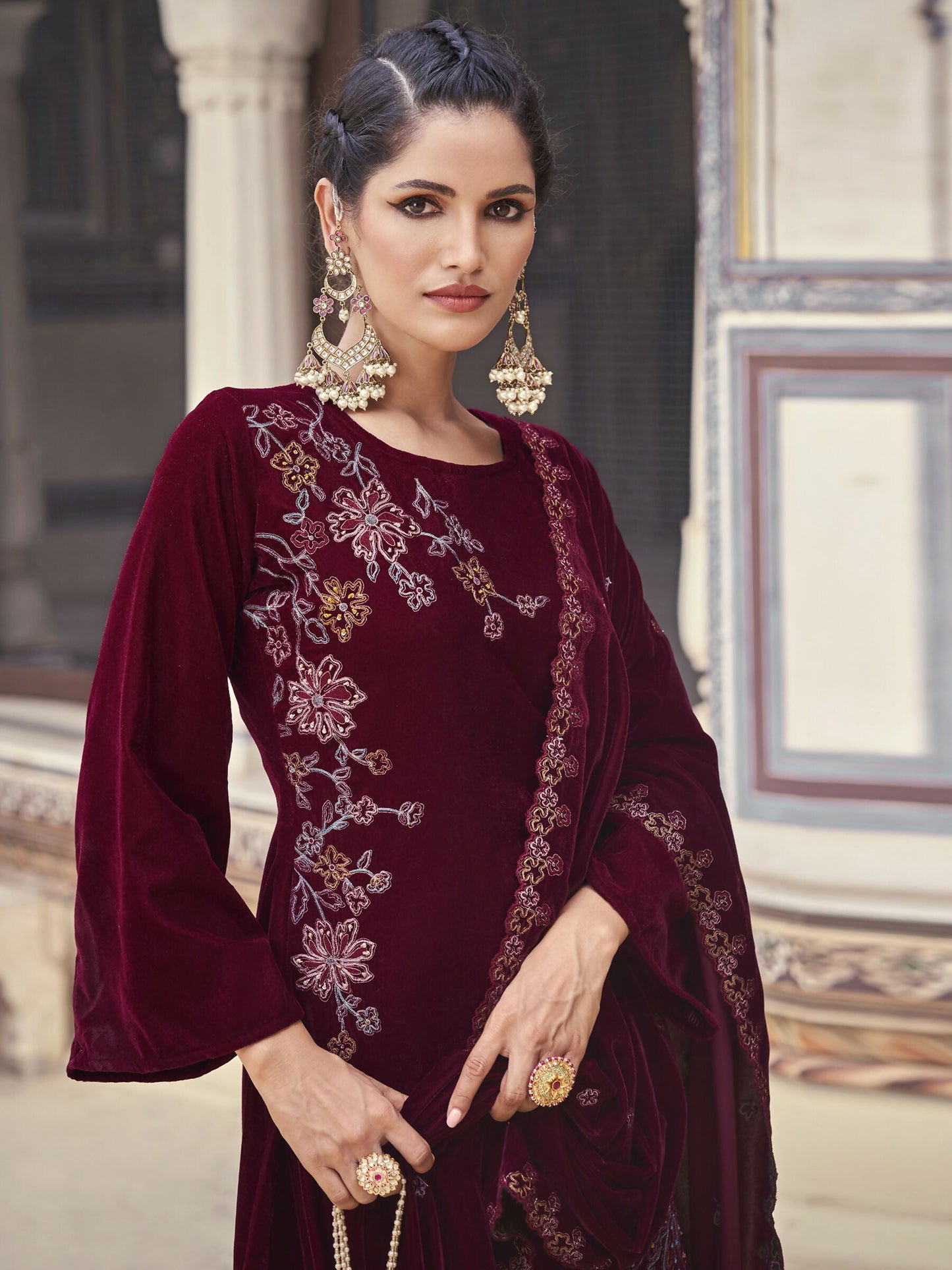 Jyoti Fashion Women's Maroon Velvet Resham Thread with Jari & Sequin Kurta with Trouser & Dupatta | Swadesiicart