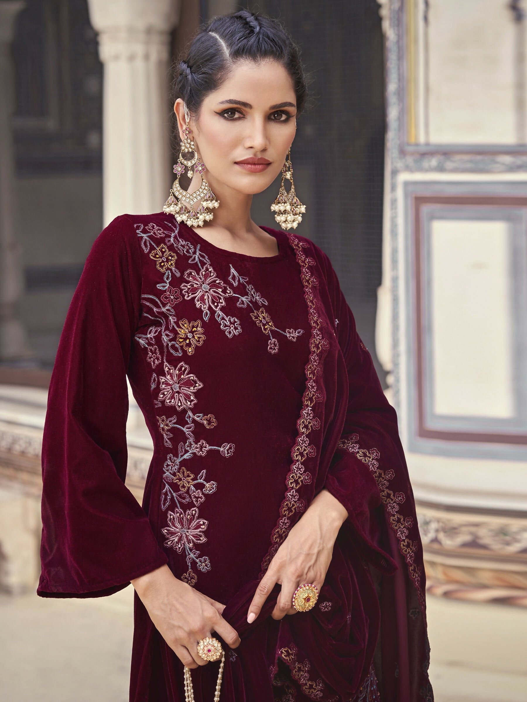 Jyoti Fashion Women's Maroon Velvet Resham Thread with Jari & Sequin Kurta with Trouser & Dupatta | Swadesiicart