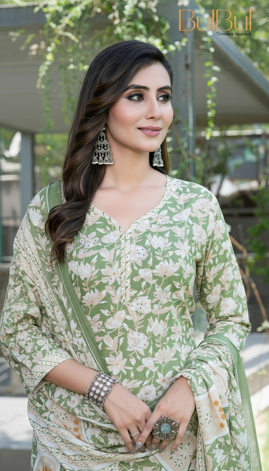 BulBul Fashionista Green Floral Cotton Kurta Set with Dupatta - Swadesiicart