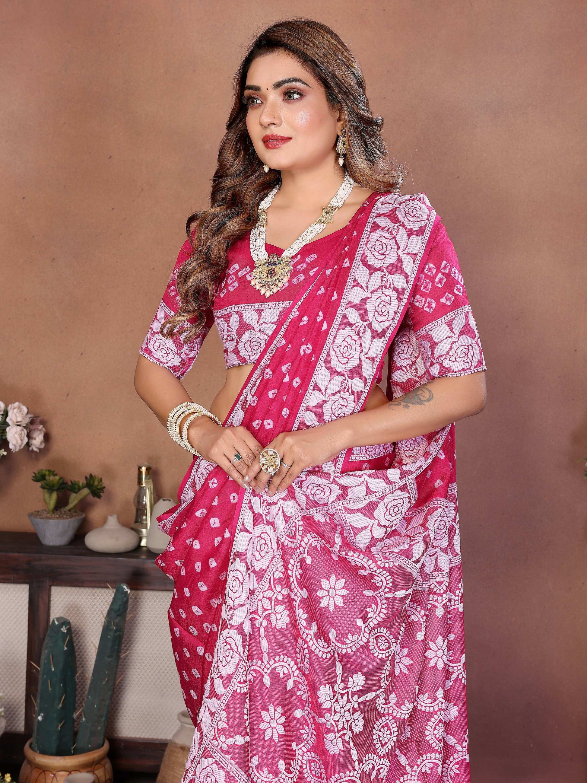 Aastha Fashion Pink Viscose Silk Handmade Original Bandhej Saree