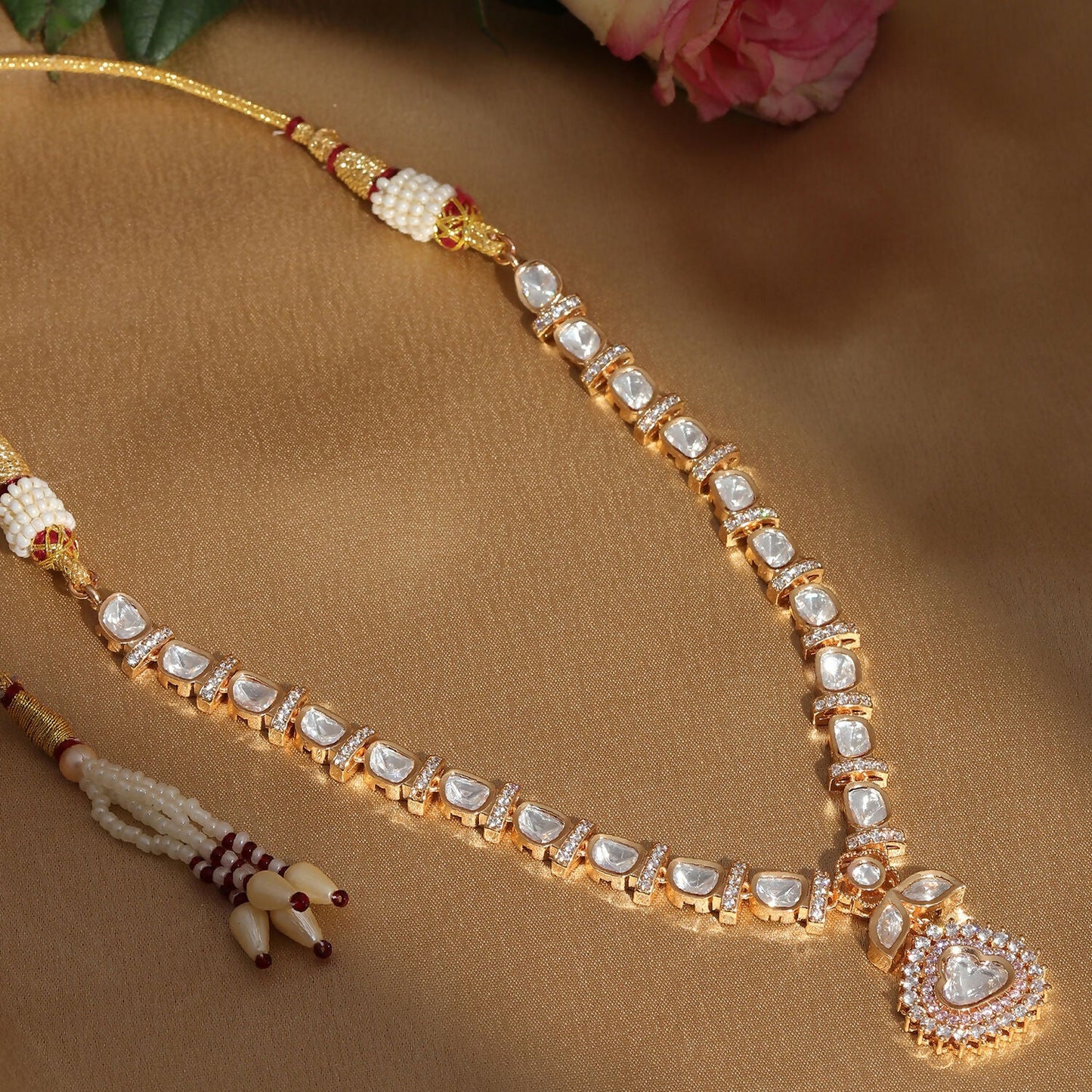 Gold and American Diamond Neckpiece with Pink Stone Center Piece (Gold) - Ruby Raang | Swadesiicart