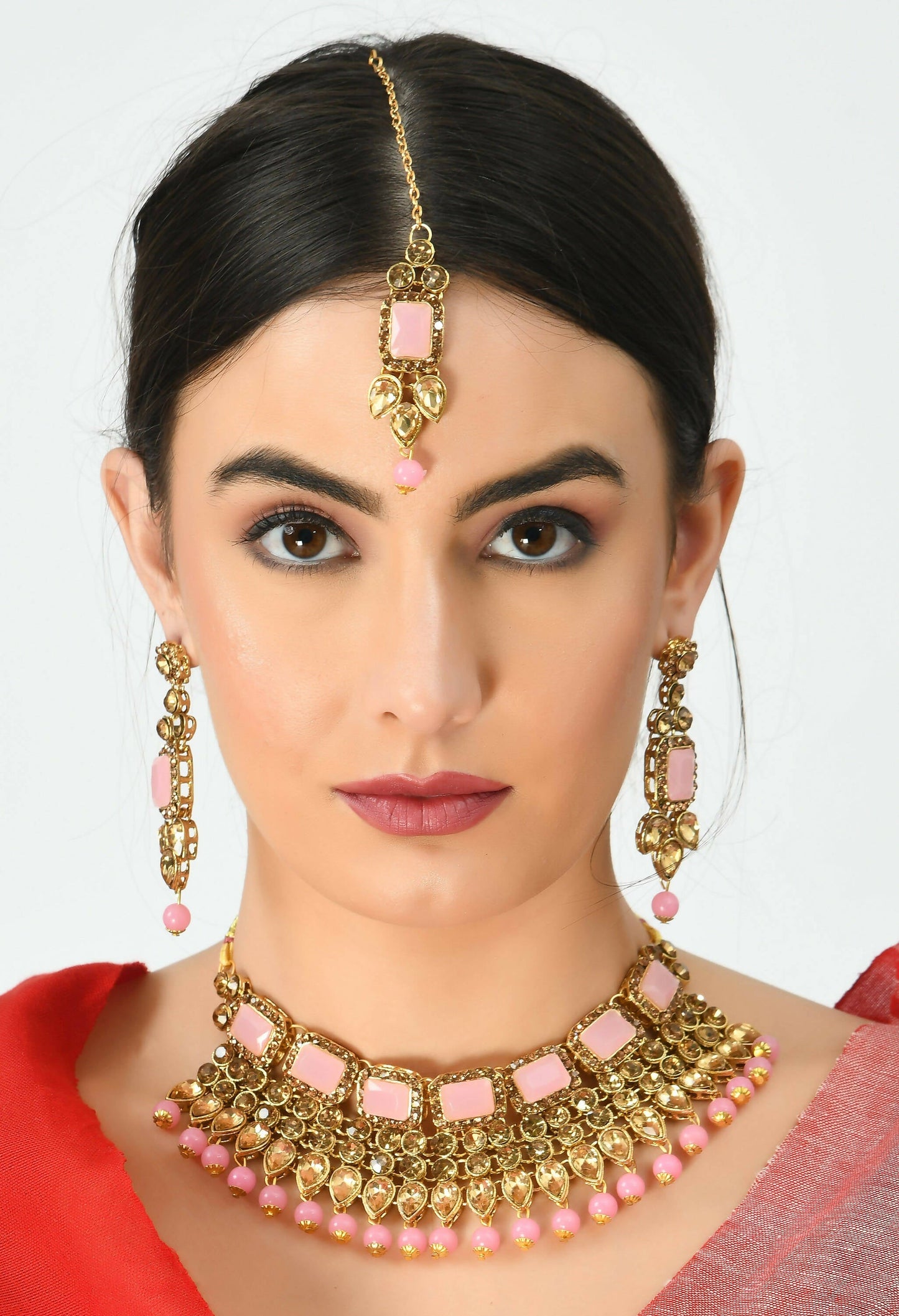 Mominos Fashion Johar Kamal Gold-Polished Brass Finish Kundan/Stone Choker For Women (Baby Pink) | Swadesiicart