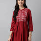 Red Rayon Yoke Embroidered A-line Top - Tarini - Swadesiicart