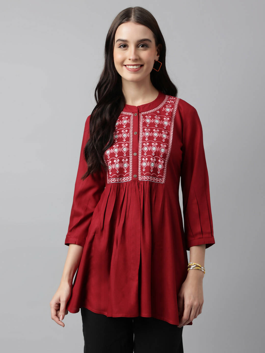 Red Rayon Yoke Embroidered A-line Top - Tarini - Swadesiicart