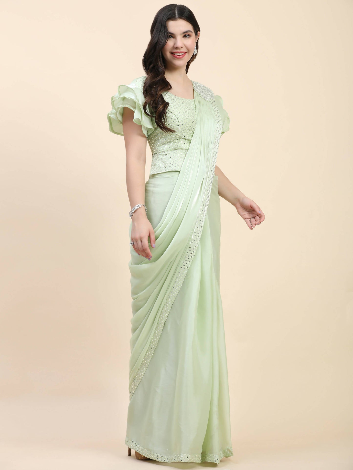 Light Green Silk Satin Sequence Work Ready to Wear Saree with stitched Blouse - Nirvana | Swadesiicart