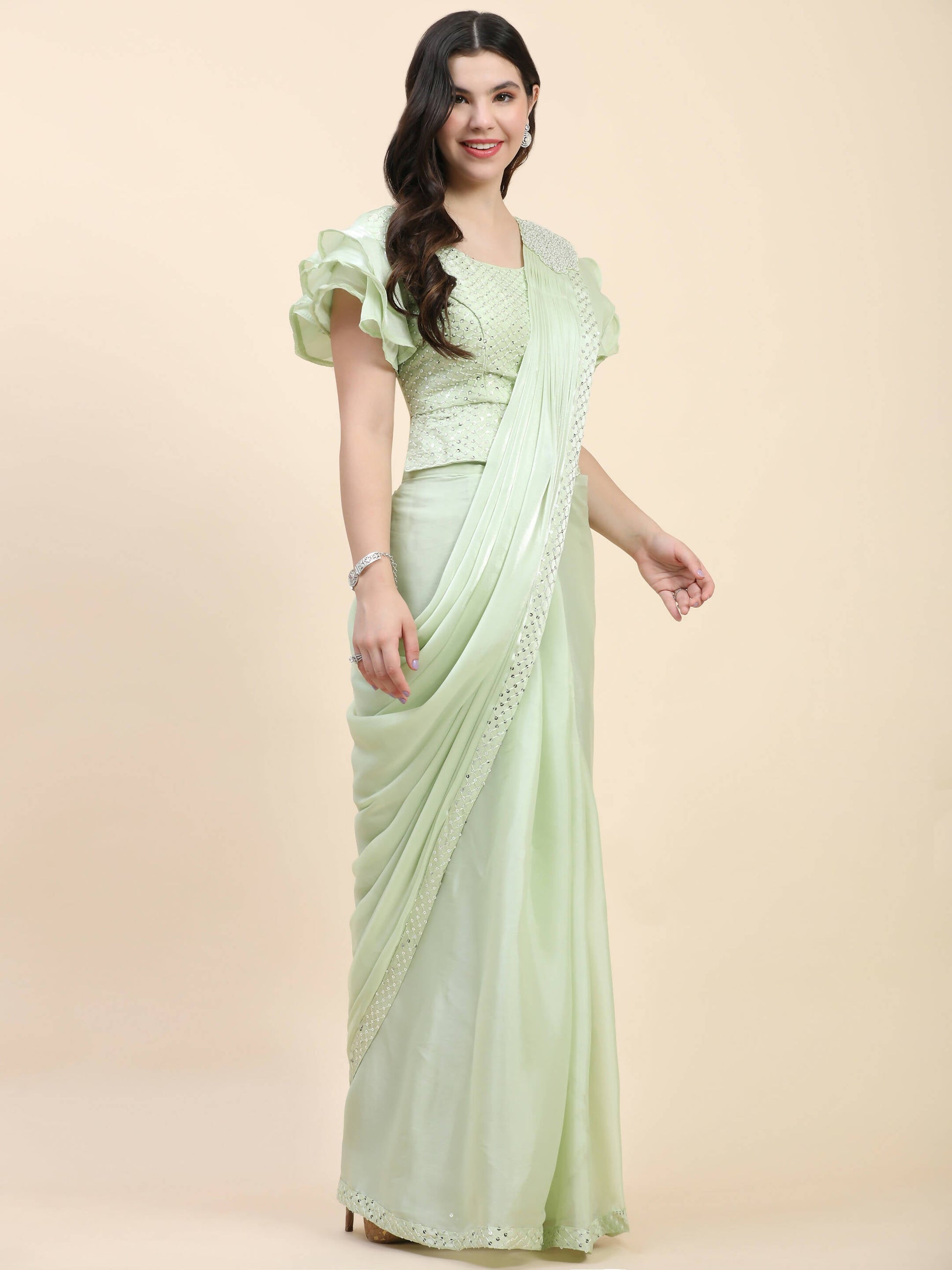 Light Green Silk Satin Sequence Work Ready to Wear Saree with stitched Blouse - Nirvana | Swadesiicart