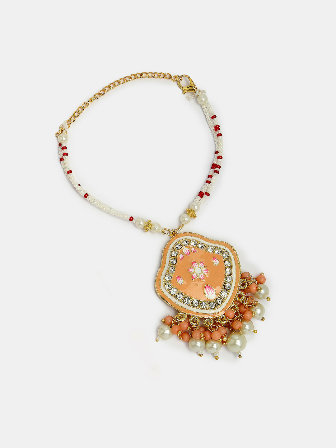 NVR Women & Men Set of 2 Peach Lotus Shape Kundan Stone-Studded & Beaded Bhaiya Bhabhi Rakhi With Roli Chawal | Swadesiicart