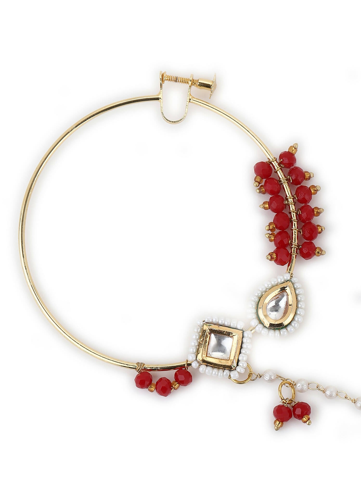 Gold-Polished White Red Stone-Studded Pearl Beaded Nosepin - Ruby Raang | Swadesiicart
