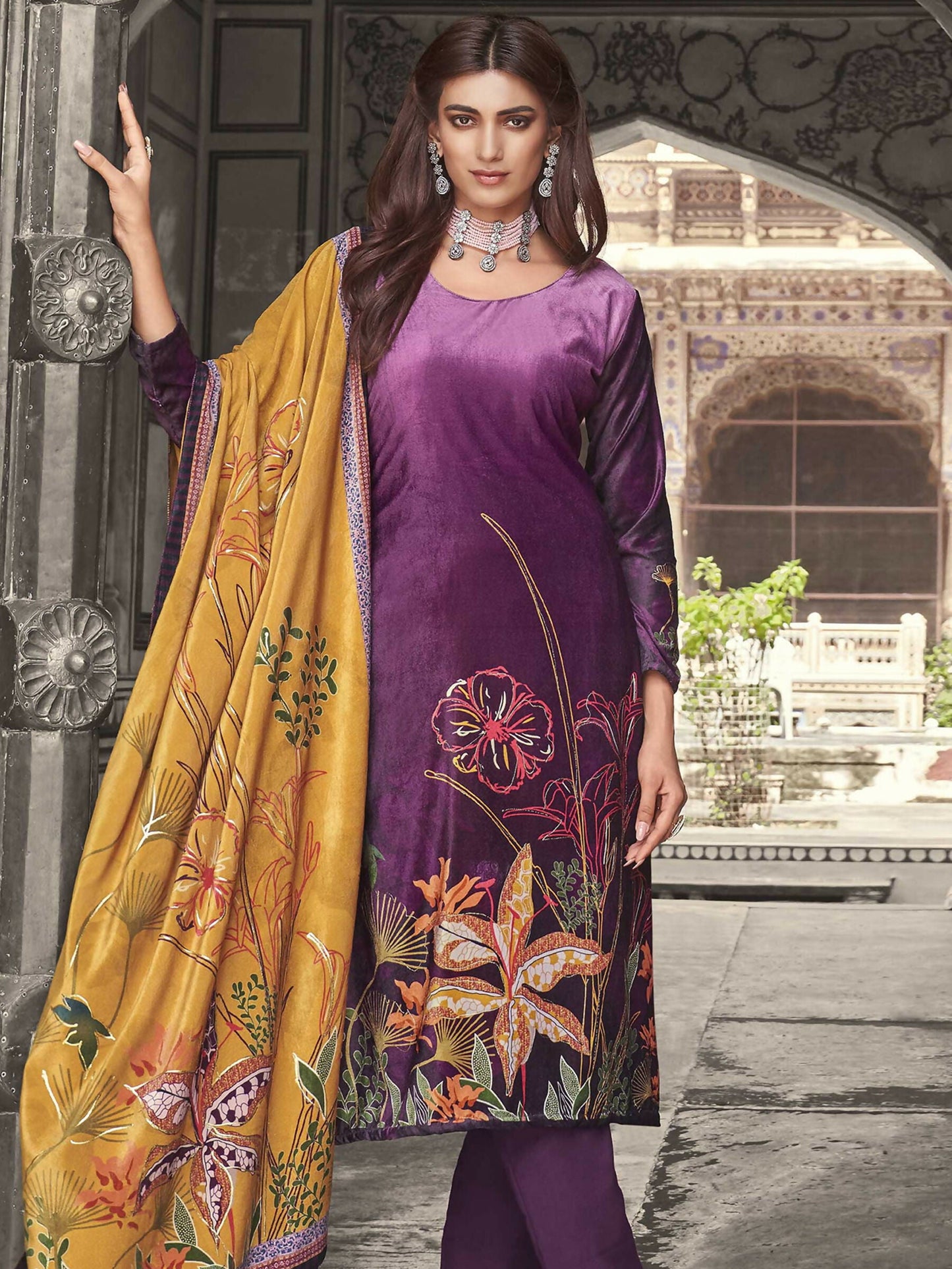Jyoti Fashion Women's Purple Velvet Floral Digital Printed Kurta with Trouser & Dupatta | Swadesiicart