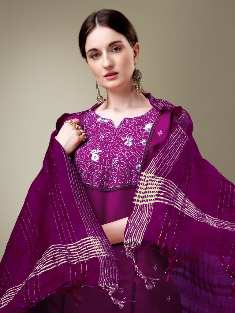Jyoti Fashion Women's Purple Cotton Blend Embroidery & Fancy Lace work Kurta with Trouser & Dupatta | Swadesiicart