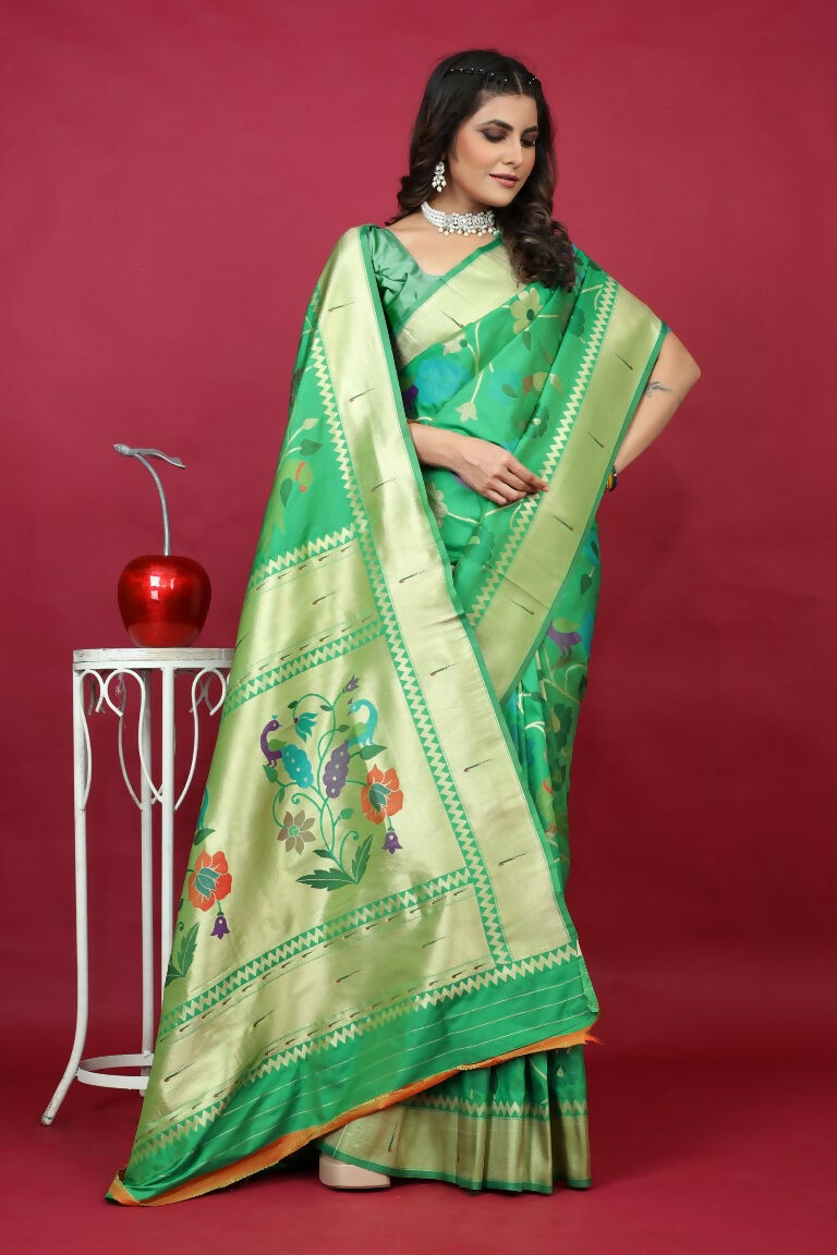 Jyoti Fashion Women's Green Paithani Silk Zari Woven Saree with Blouse | Swadesiicart