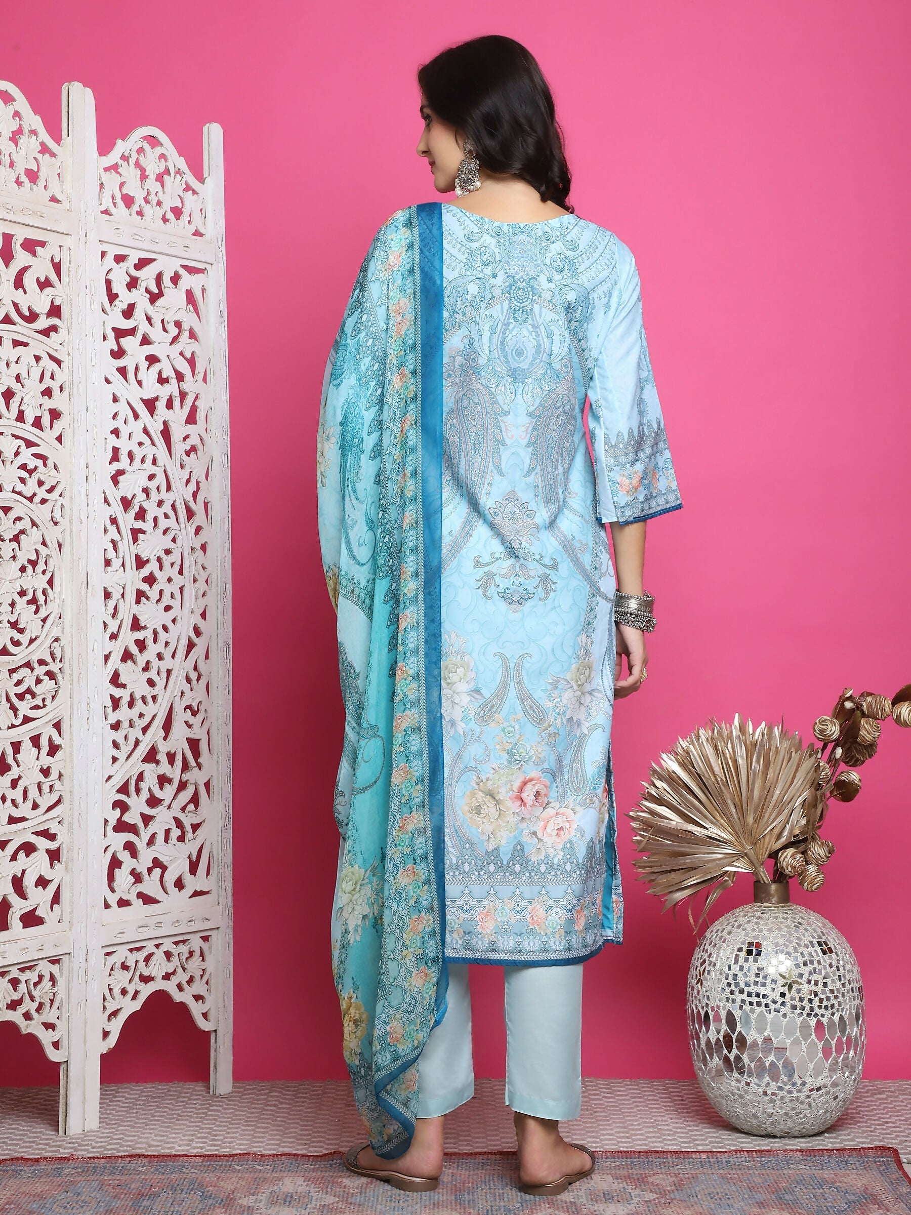 Jyoti Fashion Women's Turquoise Satin Traditional Digital Print with Crystal work Kurta with Trouser & Dupatta | Swadesiicart