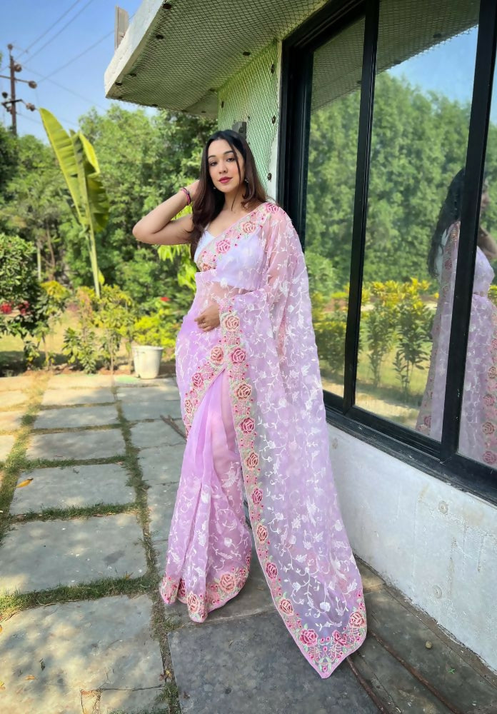 Vamsee Zoya Lavender Organza Silk Saree - Swadesiicart