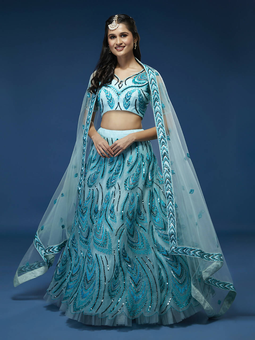 House of Panchhi Seagreen Net Sequins Embroidered Lehenga & Blouse with Dupatta | Swadesiicart