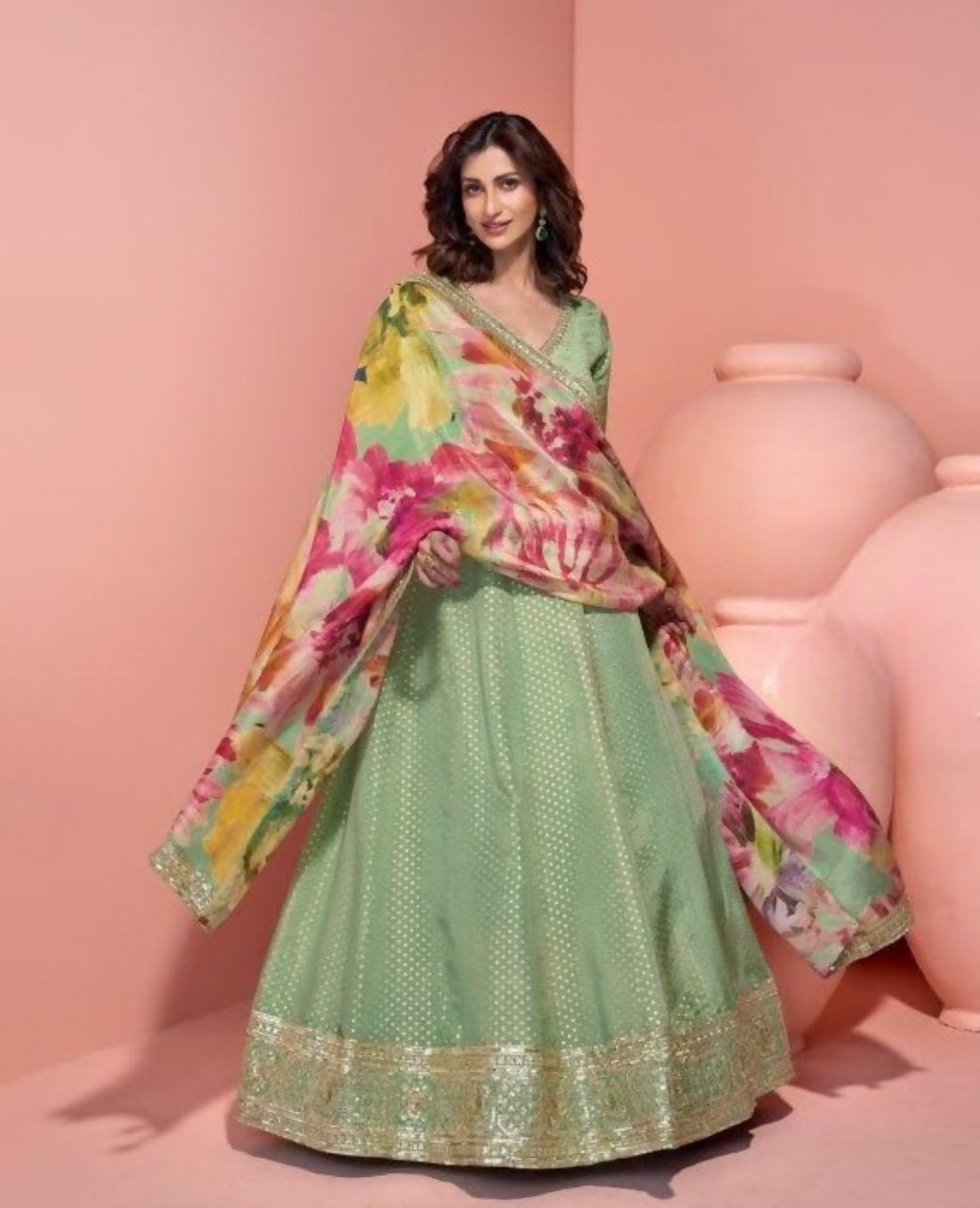 Anaita Green Shimmer Stitched Anarkali Suit with Sequins Embroidery Foil Stitch Work