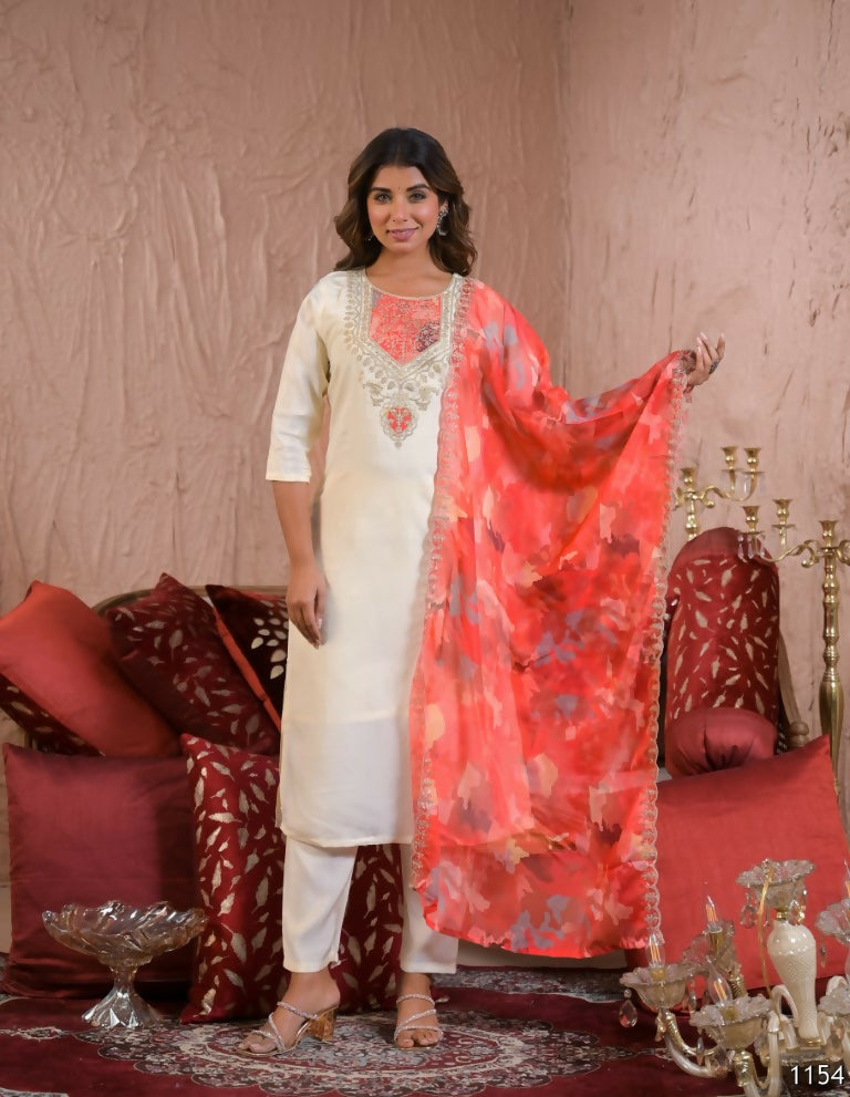 Ethnic Festive Wear Chanderi Silk Cream Stitched Suit With Dupatta - Tanisha | Swadesiicart