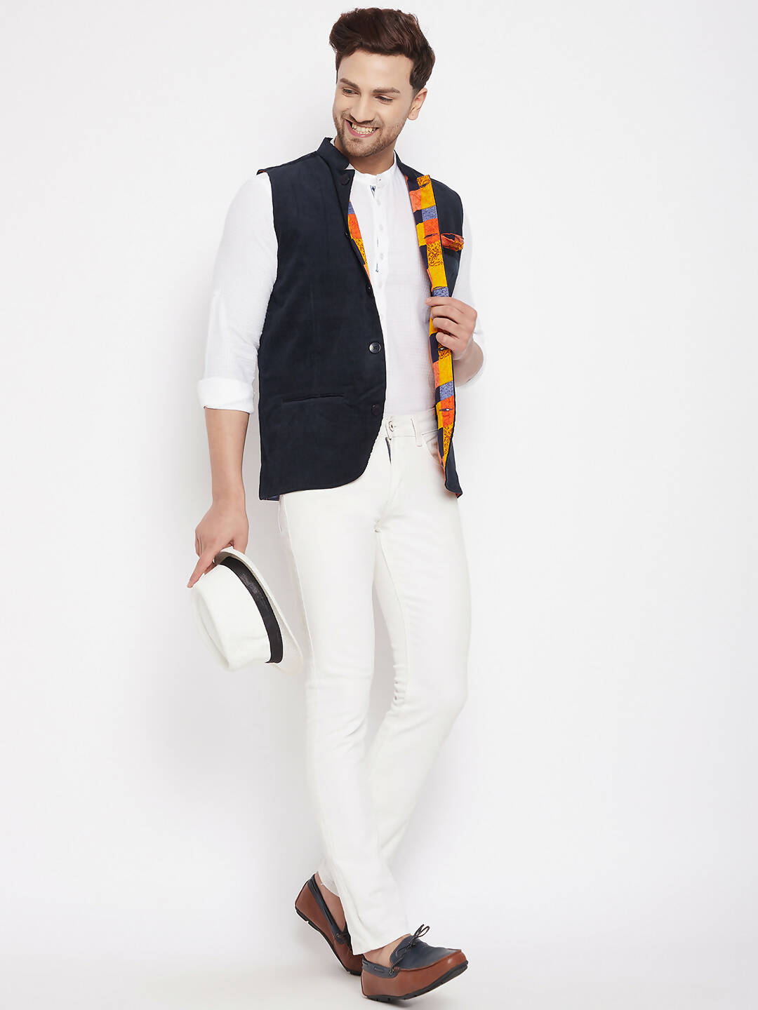 Even Apparels Navy Polyester Men's Nehru Jacket-Contrast Lining-Inbuilt Pocket Square | Swadesiicart