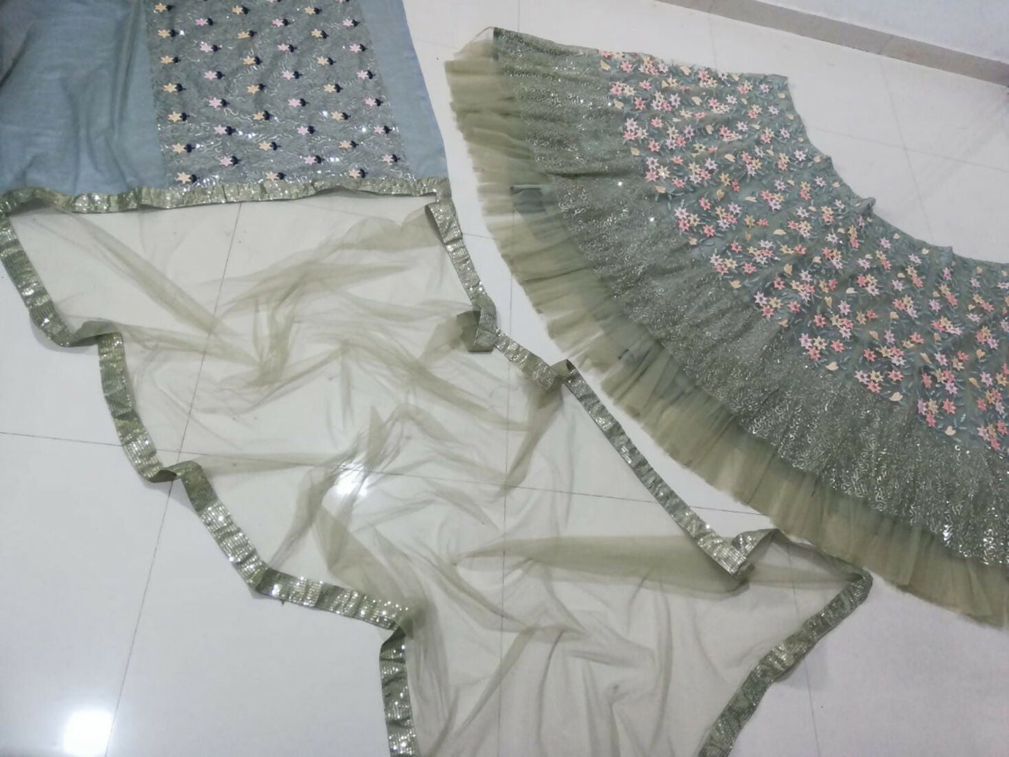 Jyoti Fashion Sea Green 3mm with Thread and Jari Embroidery Net Lehenga Choli with Dupatta | Swadesiicart