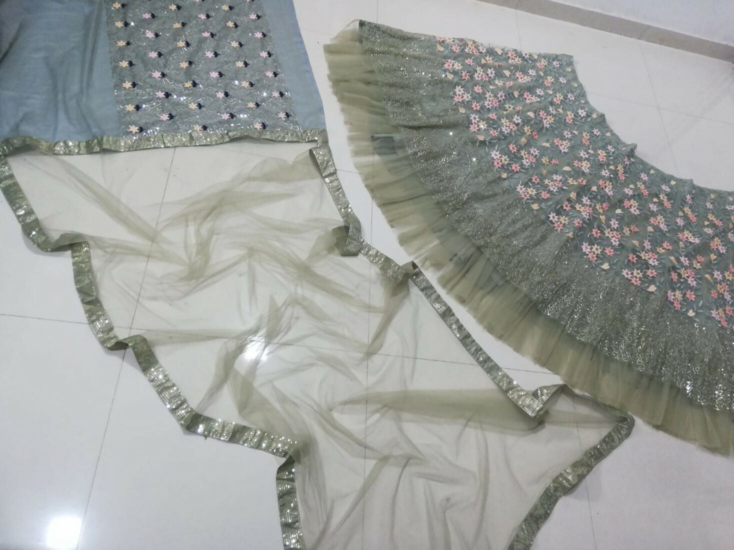 Jyoti Fashion Sea Green 3mm with Thread and Jari Embroidery Net Lehenga Choli with Dupatta | Swadesiicart