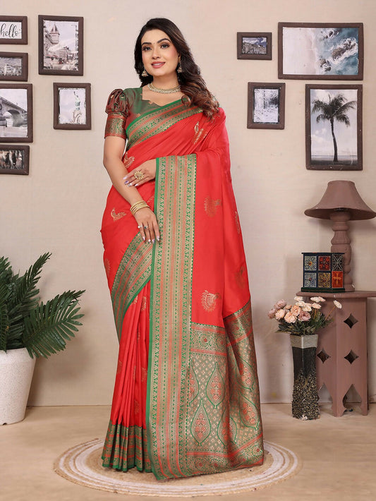 Joban Fashion Banarasi Red Small Butti Soft Silk Saree | Swadesiicart