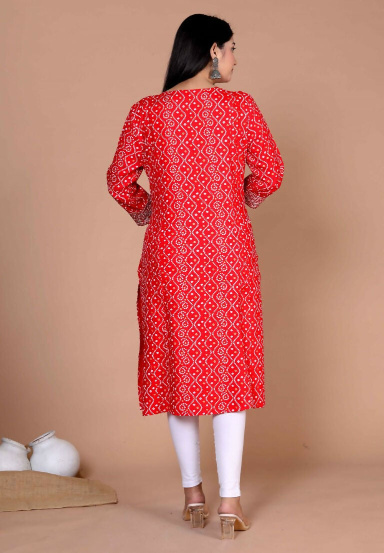 Miravan Women's Festive Wear Red Bandhani Printed Straight Kurta - Swadesiicart