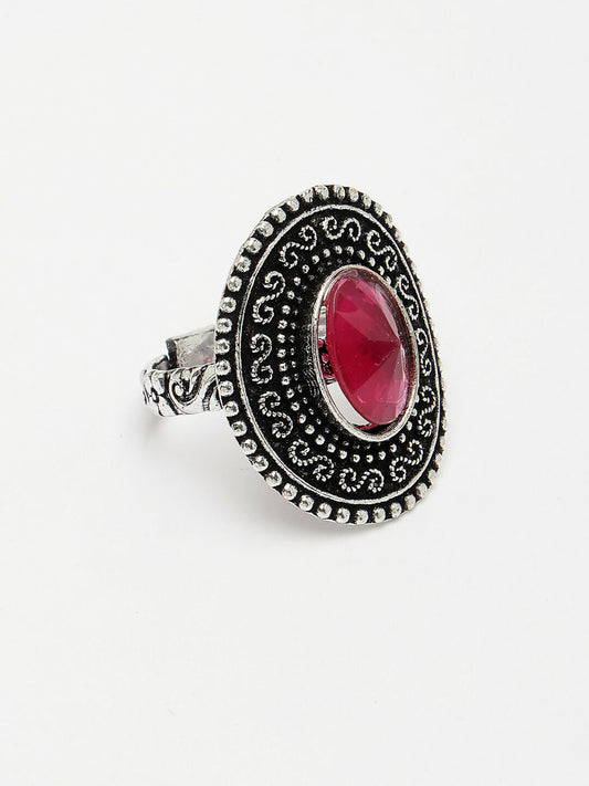 NVR Women's Pink Silver-Toned German Silver Adjustable Finger Ring | Swadesiicart