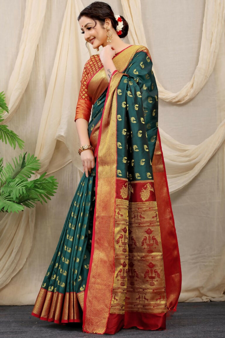 Jyoti Fashion Women's Bottle Green Banarasi Silk Zari Woven Saree with Blouse | Swadesiicart
