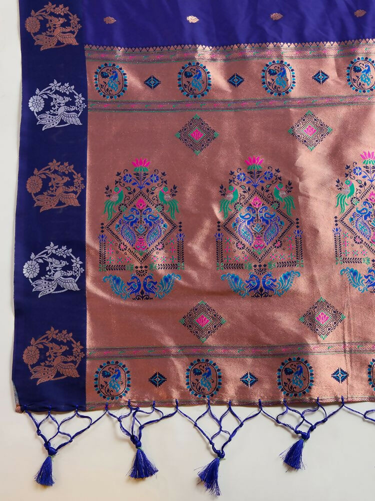 Vishnu Weaves Women's Royal-blue Banarasi Silk Zari Woven Saree with Blouse - Swadesiicart