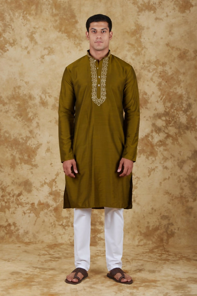 Bluesaanchi Men's Handloom Embroidered Field Drab Kurta Set | Swadesiicart