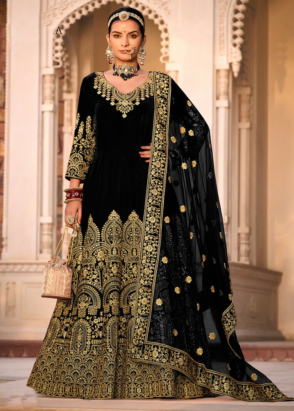 Black Velvet Front & Back Embroidery Wedding Anarkali Suit - Emponline | Swadesiicart