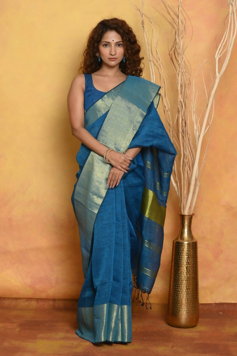 Very Much Indian Handloom Pure Cotton Linen Saree With Golden Border - Serene Blue | Swadesiicart