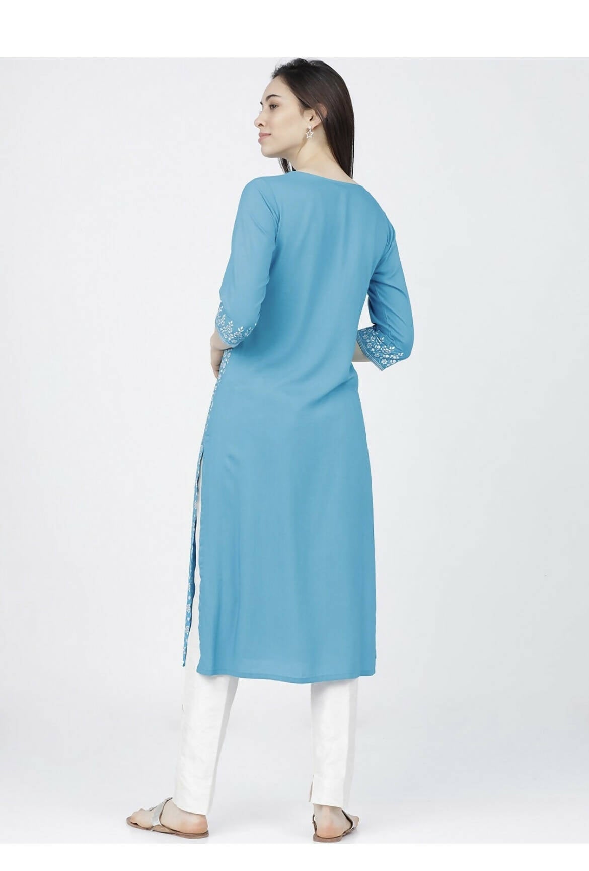 Indian Clothing Cheera Embellished Daily Wear Cotton Blend Kurta - Sky Blue - Swadesiicart