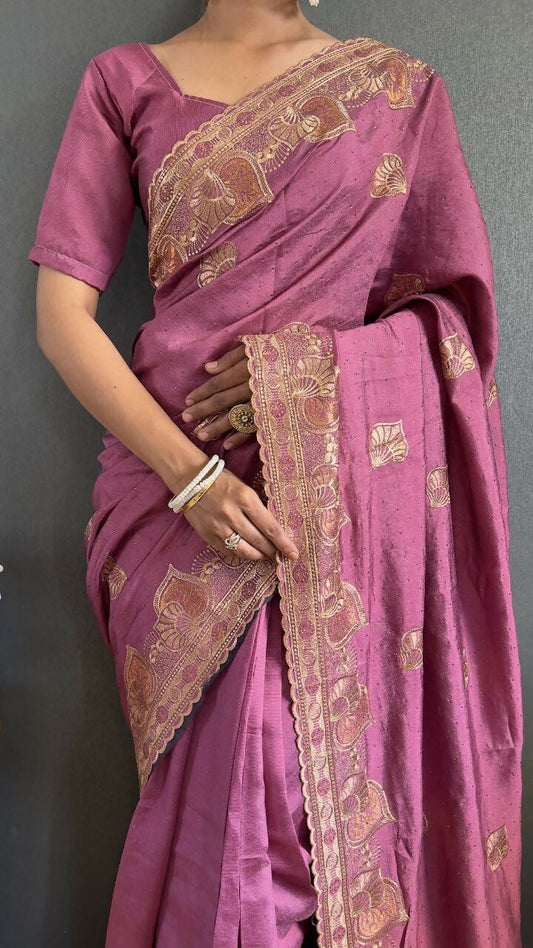 Vastranavya Mauve Vichitra Silk Zari with Swarovski Work Ready to Wear Saree | Swadesiicart