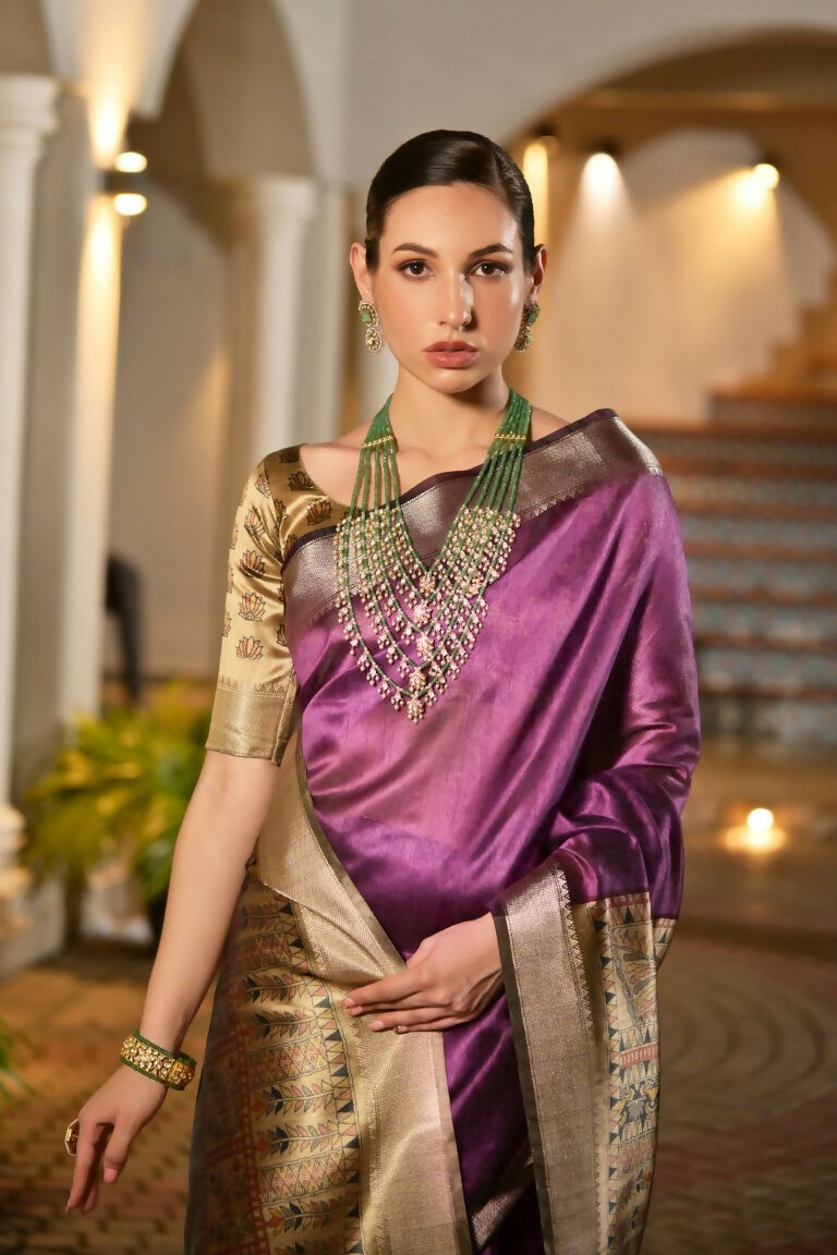 Vishnu Weaves Women's Wine Soft Tussar Silk Printed Saree with Blouse - Swadesiicart