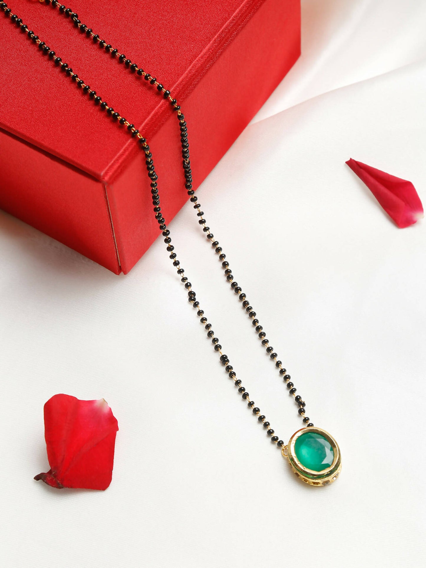 Gold-Polished Black Beaded Green Kundan Studded Handcrafted Mangalsutra - Ruby Raang | Swadesiicart