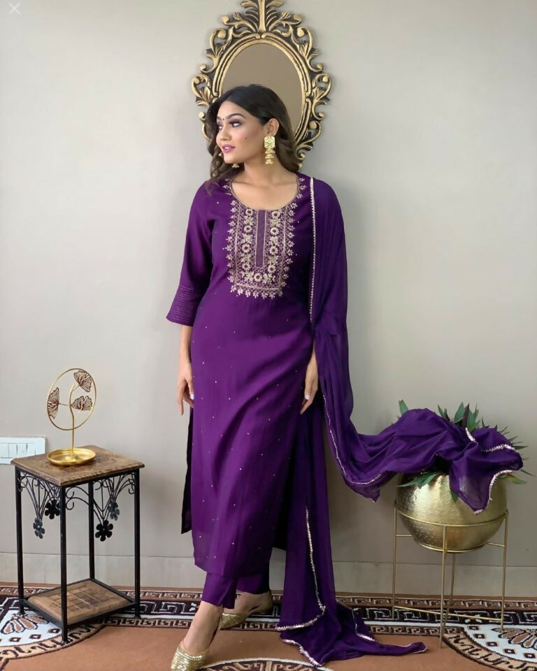Partywear Designer Wine Rayon Slub Stitched Suit With Dupatta - Tanisha | Swadesiicart